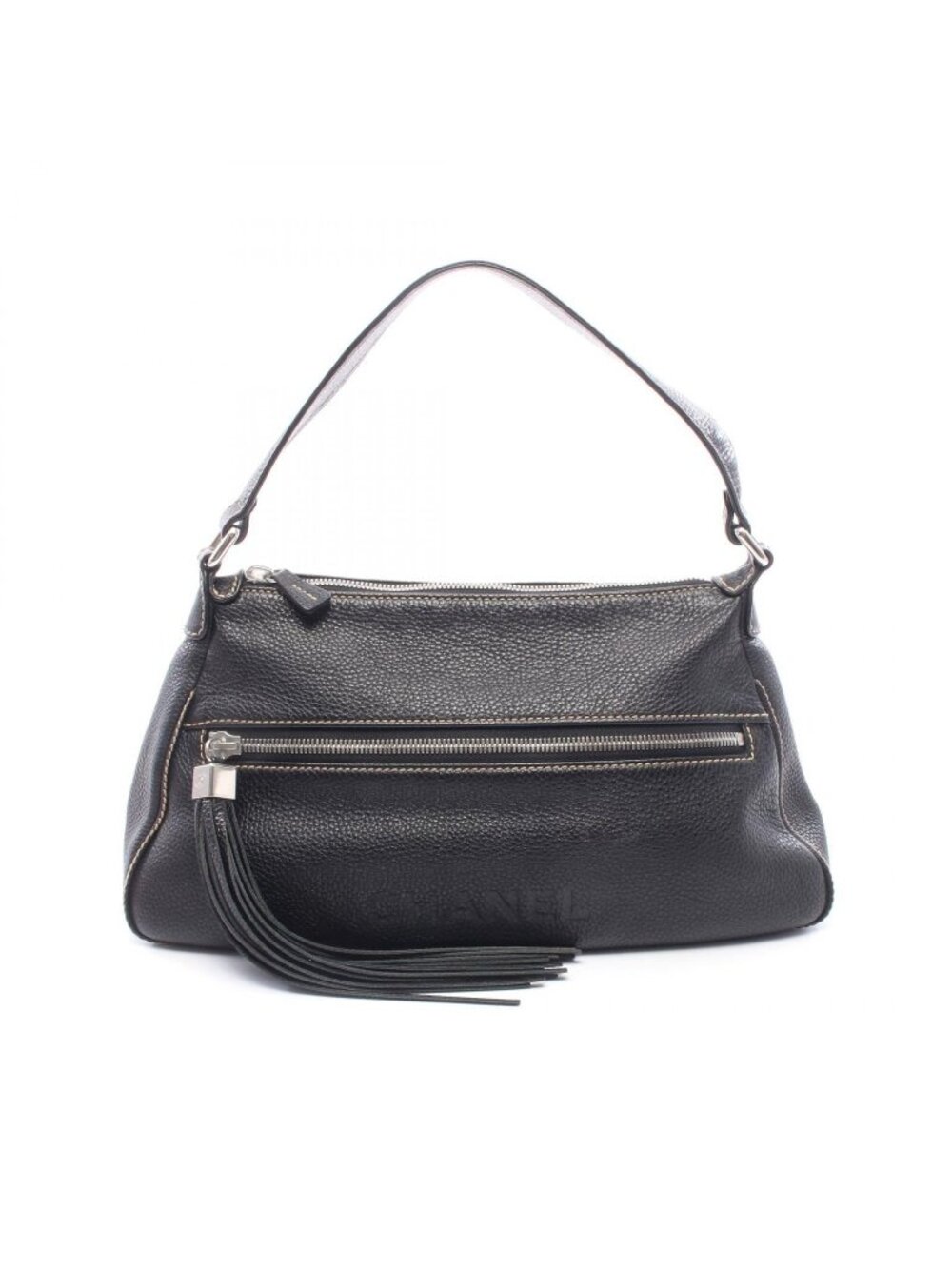 Chanel Shoulder Bag Logo Fringe Black Leather